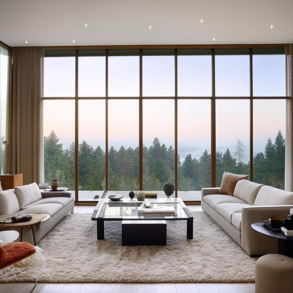 A spacious and elegantly designed modern living room with large windows, contemporary furniture, and a minimalistic decor bathed in natural light.