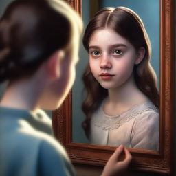 A high-quality digital art image depicting a young girl peering into a mirror
