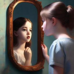 A high-quality digital art image depicting a young girl peering into a mirror