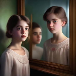 A high-quality digital art image depicting a young girl peering into a mirror