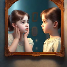 A high-quality digital art image depicting a young girl peering into a mirror