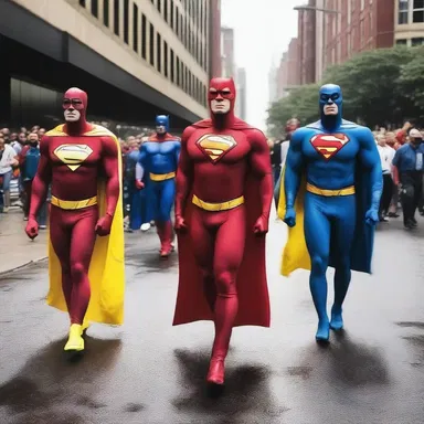 The superheroes marched in a processional manner through the city, parading their powers and abilities.