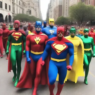 The superheroes marched in a processional manner through the city, parading their powers and abilities.