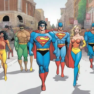 The new issue of the superhero comic features a processional scene with all the characters marching in a parade.