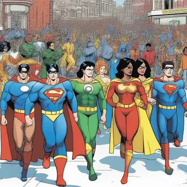 The new issue of the superhero comic features a processional scene with all the characters marching in a parade.