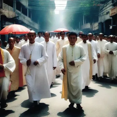 During religious festivals, the priest leads a processional march through the streets, accompanied by devout followers.