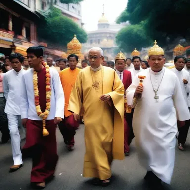 During religious festivals, the priest leads a processional march through the streets, accompanied by devout followers.