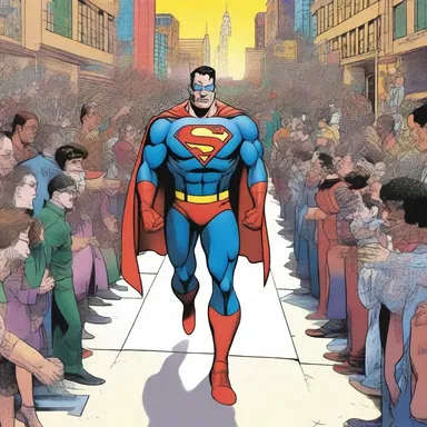 As the superhero made his grand entrance, a dramatic processional played in the background, adding to the epic atmosphere of the comic book.