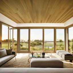 A spacious and elegantly designed modern living room with large windows, contemporary furniture, and a minimalistic decor bathed in natural light.