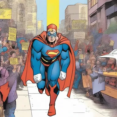 As the superhero made his grand entrance, a dramatic processional played in the background, adding to the epic atmosphere of the comic book.