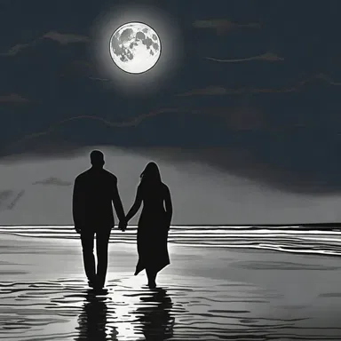 As the couple strolled along the moonlit beach, the ink-black sky above them reflected their deep love.