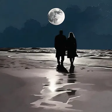 As the couple strolled along the moonlit beach, the ink-black sky above them reflected their deep love.