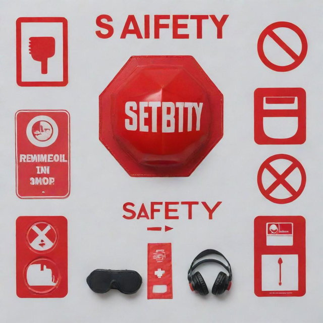 An informative safety-related poster with a large red stop sign in the center, surrounded by symbols of safety equipment such as a helmet, gloves, first aid kit and goggles.