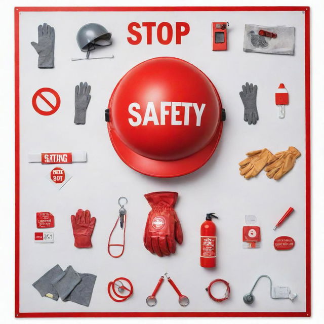 An informative safety-related poster with a large red stop sign in the center, surrounded by symbols of safety equipment such as a helmet, gloves, first aid kit and goggles.