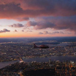 A romantic helicopter ride at twilight on Valentine's Day, showcasing a beautiful landscape dotted with heart-shaped clouds and city lights below, reflecting the warm colors of the sunset.