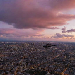 A romantic helicopter ride at twilight on Valentine's Day, showcasing a beautiful landscape dotted with heart-shaped clouds and city lights below, reflecting the warm colors of the sunset.