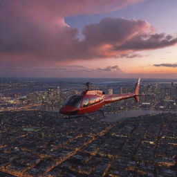 A romantic helicopter ride at twilight on Valentine's Day, showcasing a beautiful landscape dotted with heart-shaped clouds and city lights below, reflecting the warm colors of the sunset.