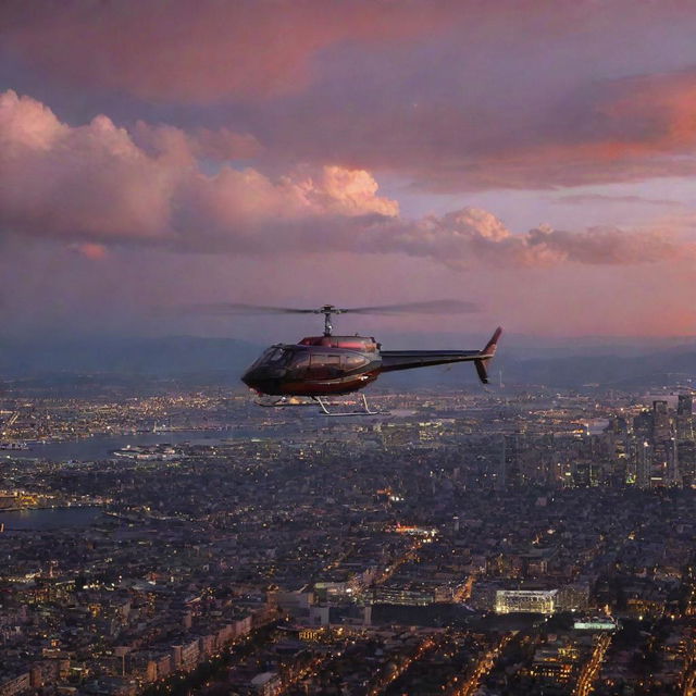 A romantic helicopter ride at twilight on Valentine's Day, showcasing a beautiful landscape dotted with heart-shaped clouds and city lights below, reflecting the warm colors of the sunset.