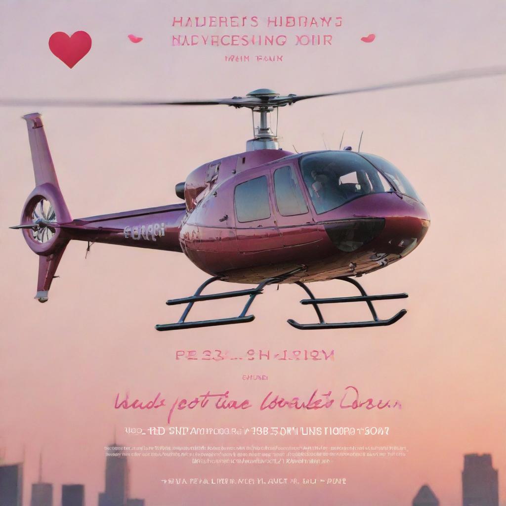 A creative flyer advertising a Valentine's Day helicopter tour, decorated with images of elegant helicopters, romantic skylines at sunset, heart motifs, and stylish text detailing the event information.