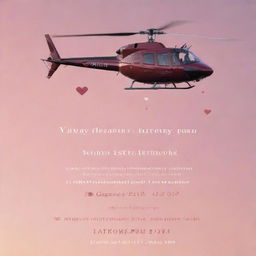 A creative flyer advertising a Valentine's Day helicopter tour, decorated with images of elegant helicopters, romantic skylines at sunset, heart motifs, and stylish text detailing the event information.