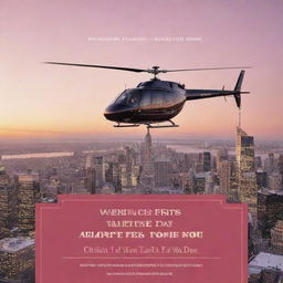 A creative flyer advertising a Valentine's Day helicopter tour, decorated with images of elegant helicopters, romantic skylines at sunset, heart motifs, and stylish text detailing the event information.