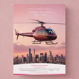 A creative flyer advertising a Valentine's Day helicopter tour, decorated with images of elegant helicopters, romantic skylines at sunset, heart motifs, and stylish text detailing the event information.