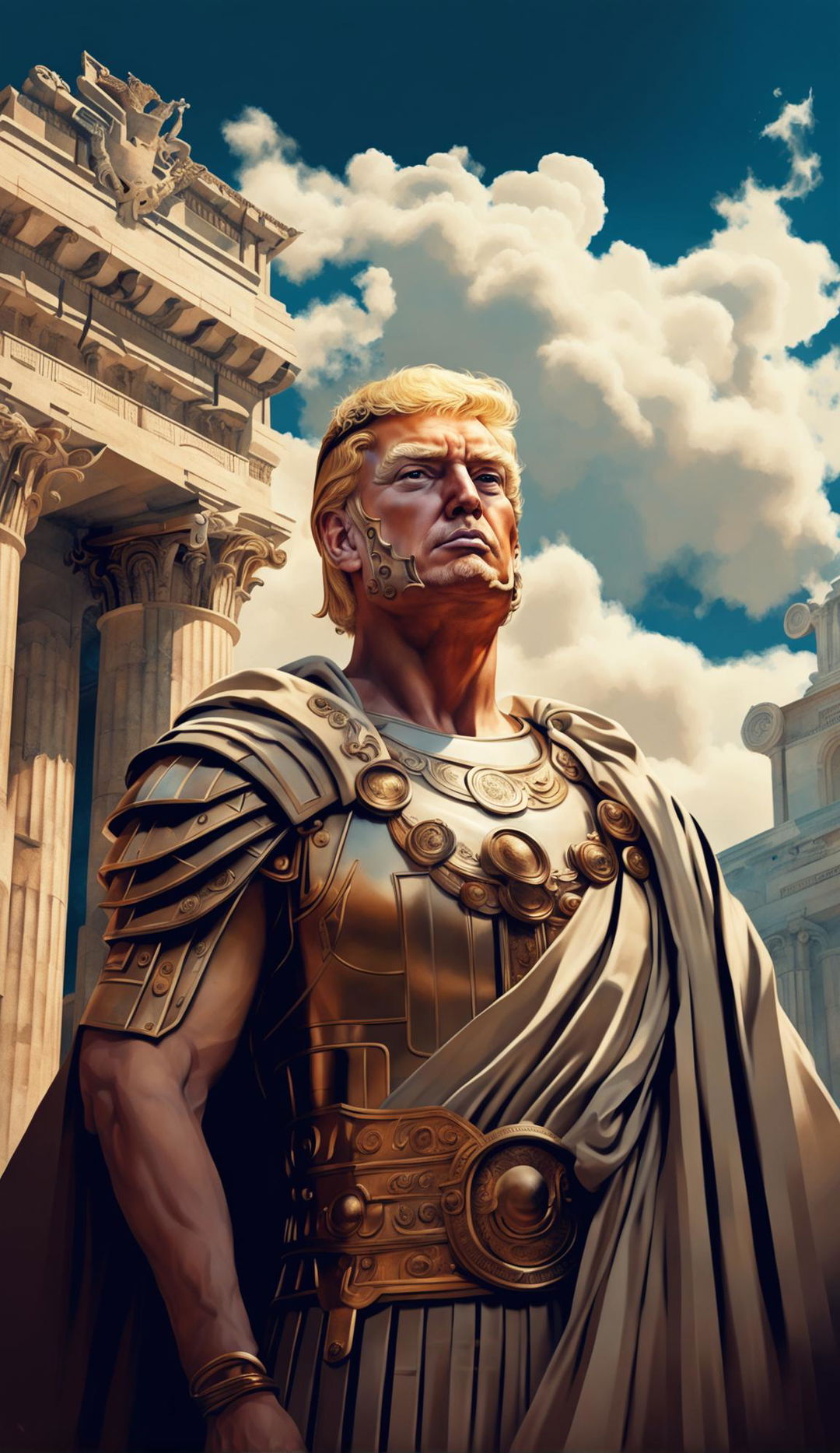 Digital art of Donald Trump portrayed as Marcus Aurelius in traditional Roman attire against a backdrop of grand Roman architecture.