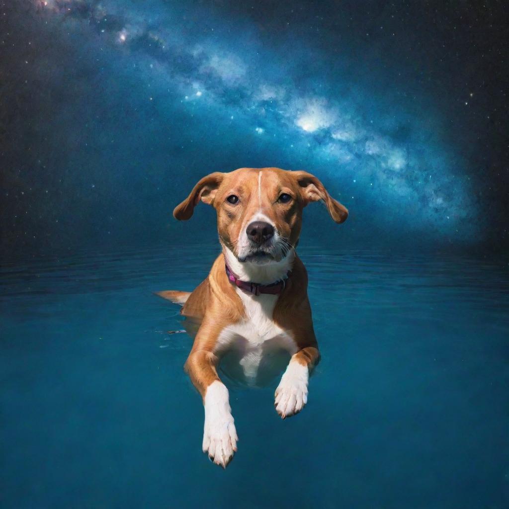 A dog swimming in the cosmos, name etched on a cloud, bathing in cosmic light.