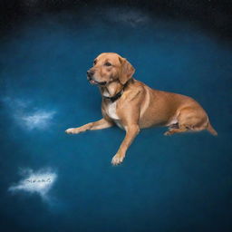 A dog swimming in the cosmos, name etched on a cloud, bathing in cosmic light.