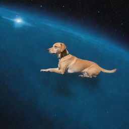 A dog swimming in the cosmos, name etched on a cloud, bathing in cosmic light.