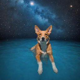 A dog swimming in the cosmos, name etched on a cloud, bathing in cosmic light.