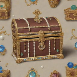 A beautiful wallpaper design featuring a treasure chest overflowing with symbolic representations of two sisters and a brother shown as precious gemstones, gold, and pearls.