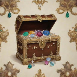 A beautiful wallpaper design featuring a treasure chest overflowing with symbolic representations of two sisters and a brother shown as precious gemstones, gold, and pearls.