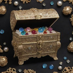 A beautiful wallpaper design featuring a treasure chest overflowing with symbolic representations of two sisters and a brother shown as precious gemstones, gold, and pearls.