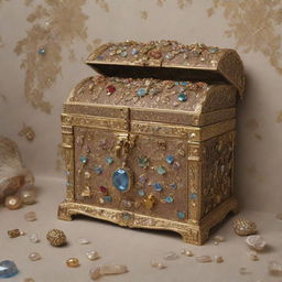 A beautiful wallpaper design featuring a treasure chest overflowing with symbolic representations of two sisters and a brother shown as precious gemstones, gold, and pearls.