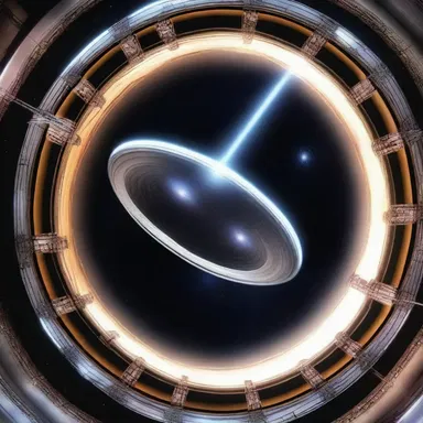 In the preceding scene of the science fiction movie, the spaceship travels through a wormhole to another galaxy.