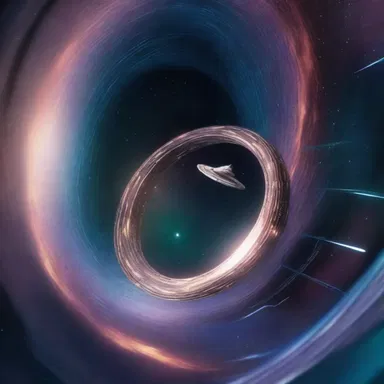 In the preceding scene of the science fiction movie, the spaceship travels through a wormhole to another galaxy.