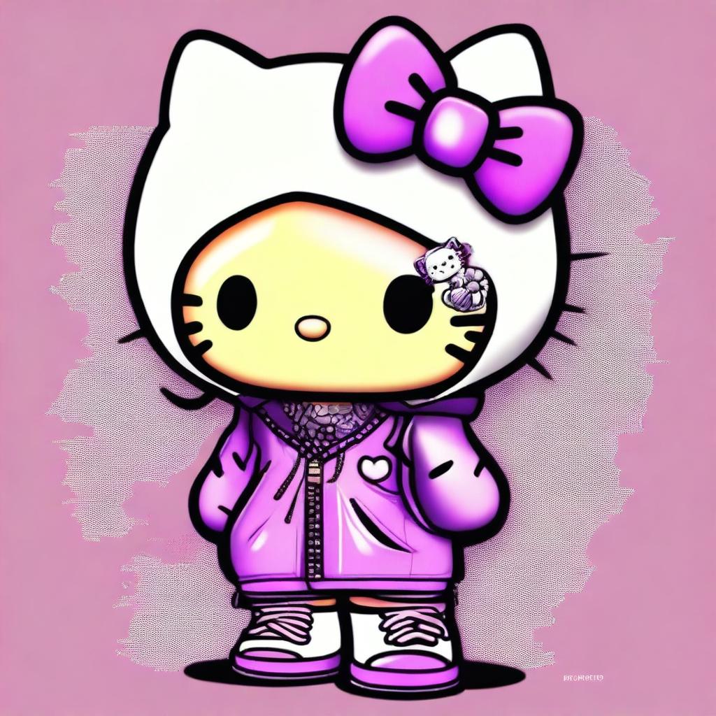 A digital art illustration of Hello Kitty adorned in Y2K fashion