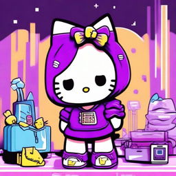 A digital art illustration of Hello Kitty adorned in Y2K fashion