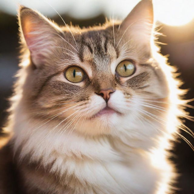 An adorable, playful cat with sparkling eyes and shiny fur under the glowing sunlight.