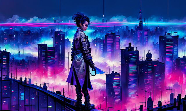 A digital art of a cyberpunk cityscape with neon-lit skyscrapers, flying cars, and a lone figure on a rooftop. The city is bustling with activity, filled with holographic billboards and people illuminated by their devices.