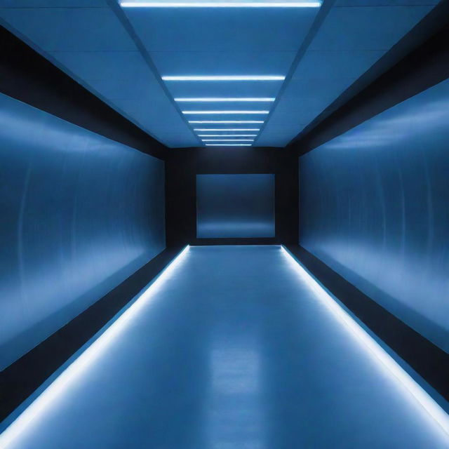 Generate an image of a sleek, sophisticated wind tunnel, aerodynamically designed with subtle blue lighting.