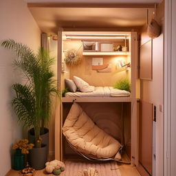 Cozy small room interior design, space-saving furniture, warm lighting, soft textures, vibrant plants