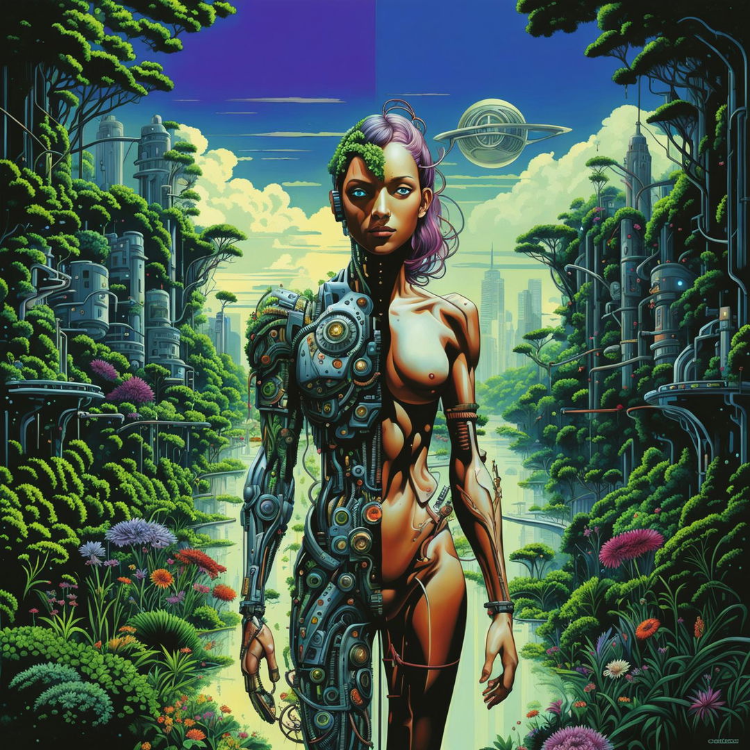 A digital art piece depicting a cyborg in a landscape that mirrors its dual nature: one side organic with lush greenery, the other technological with neon-lit skyscrapers.