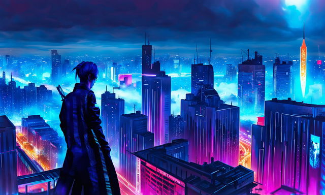 A high-definition photograph of a cyberpunk cityscape with neon-lit skyscrapers, flying cars, and a lone figure on a rooftop. The city is bustling with activity, filled with holographic billboards and people illuminated by their devices.