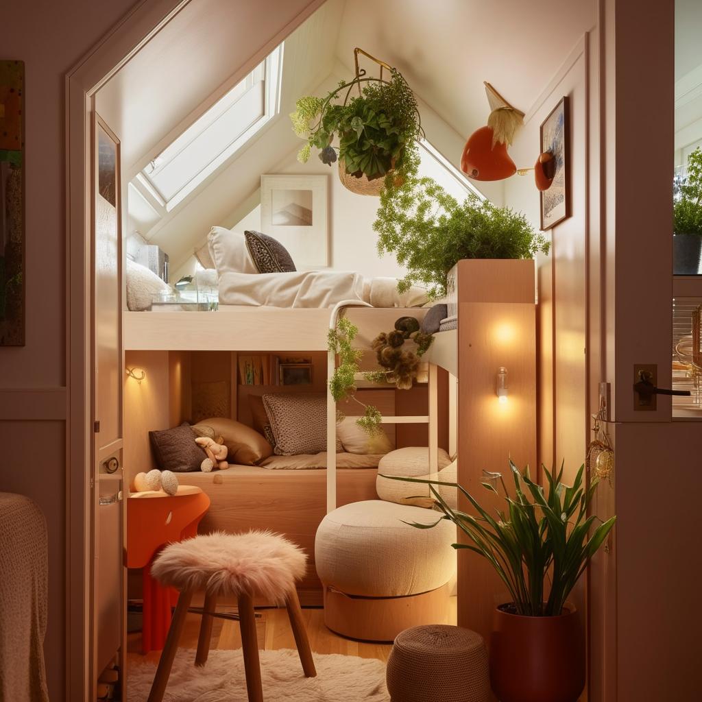 Cozy small room interior design, space-saving furniture, warm lighting, soft textures, vibrant plants