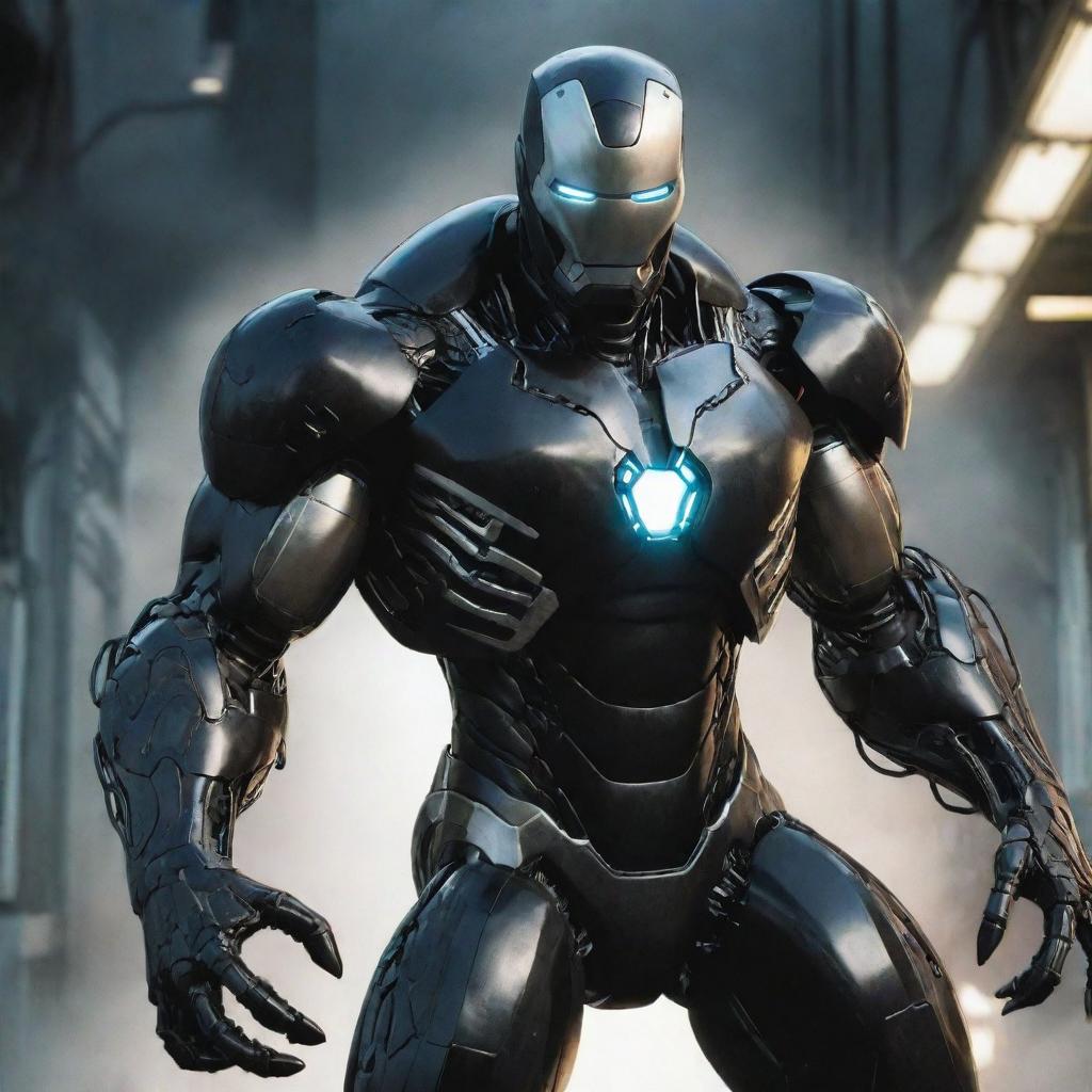 Iron Man's armor overtaken by the symbiote entity known as Venom from the Spider-Man universe, resulting in a frightening fusion of tech and alien biology.