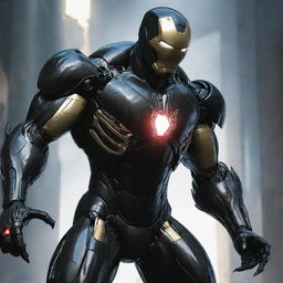 Iron Man's armor overtaken by the symbiote entity known as Venom from the Spider-Man universe, resulting in a frightening fusion of tech and alien biology.