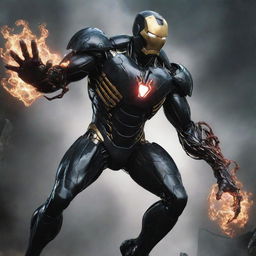 Iron Man's armor overtaken by the symbiote entity known as Venom from the Spider-Man universe, resulting in a frightening fusion of tech and alien biology.