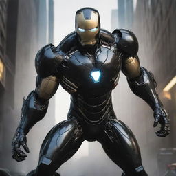 Iron Man's armor overtaken by the symbiote entity known as Venom from the Spider-Man universe, resulting in a frightening fusion of tech and alien biology.